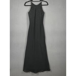 Chelsea Nites Dress Womens 4 Black Halter Slip Maxi Beaded Chiffon Formal VTG 90
